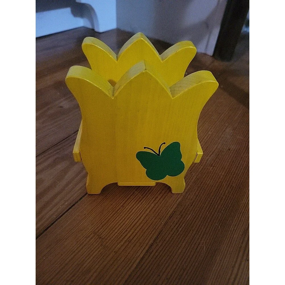 Vtg Tulip Apple Wooden Coaster Set Holder Yellow Red Country Farmhouse Butterfly